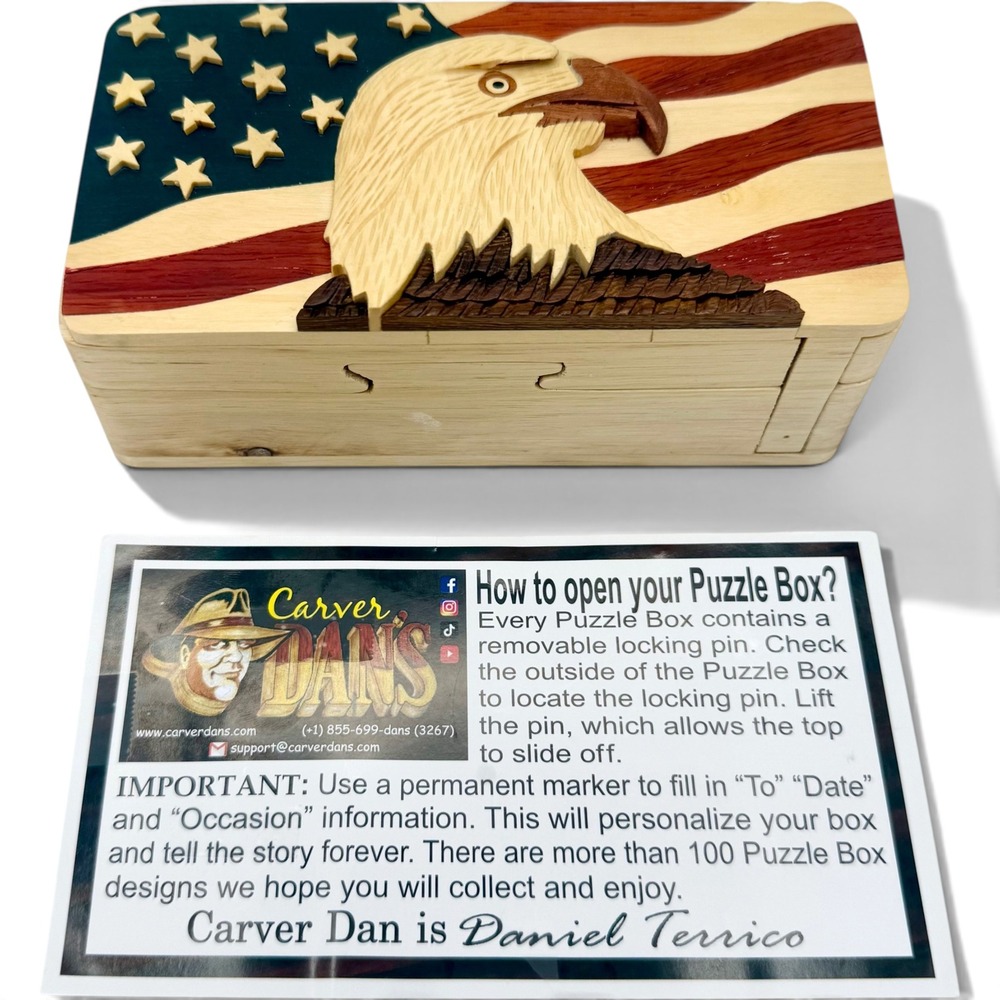 Handmade Carver Dan Eagle US Flag Wood Puzzle Box Secret Compartment Patriotic